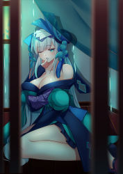 Rule 34 | 1girl, aoandon, bare shoulders, blue eyes, blue lips, blue nails, bow, breasts, come hither, eyebrows, finger to mouth, fingerless gloves, from side, gloves, hair ornament, highres, japanese clothes, large breasts, lipstick, long hair, looking at viewer, makeup, nail polish, o-yatsu, off shoulder, one eye closed, onmyoji, parted lips, pleated skirt, sitting, skirt, solo, very long hair, wariza, white hair