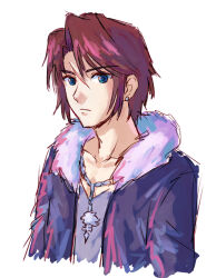 Rule 34 | 1boy, blue eyes, blue pupils, brown hair, closed mouth, collarbone, earrings, final fantasy, final fantasy viii, frown, fur collar, grey shirt, hair intakes, highres, jacket, jewelry, looking at viewer, male focus, necklace, open clothes, open jacket, purple jacket, scar, scar on face, shirt, short hair, simple background, solo, squall leonhart, upper body, v-neck, white background, zawabug