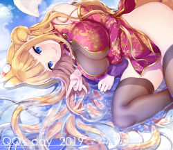 Rule 34 | 1girl, animal ear fluff, animal ears, blonde hair, blue eyes, blush, breasts, china dress, chinese clothes, cleavage, cleavage cutout, clothing cutout, dress, fox ears, fox girl, fox tail, huge breasts, long hair, looking at viewer, miyano ururu, no panties, original, smile, solo, tail, thighhighs