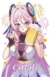 1girl alternate_costume beer_mug black_gloves blue_eyes braid character_name citlali_(genshin_impact) cup facial_mark fingerless_gloves forehead_mark genshin_impact gloves hands_up holding holding_cup kama_(kama_ovo) long_hair looking_at_viewer midriff mug parted_lips pink_hair pink_pupils shirt simple_background single_glove skirt solo twin_braids upper_body white_background white_skirt