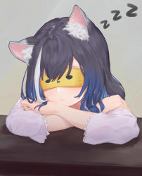 Rule 34 | 1girl, animal ear fluff, animal ears, black hair, blue hair, blush, cat ears, cat girl, closed mouth, covered eyes, facing viewer, gradient hair, grey background, head rest, highres, karyl (princess connect!), long hair, long sleeves, multicolored hair, princess connect!, princess connect!, shou xun bu liang, simple background, sleep mask, sleeping, solo, streaked hair, table, upper body, white hair, zzz