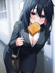 Rule 34 | 1girl, bag, black hair, black pantyhose, black skirt, black suit, blouse, blush, bread, bread slice, breasts, buttons, cleavage, food, food in mouth, formal, hair between eyes, handbag, highres, large breasts, long hair, looking at viewer, michelan, original, outdoors, pantyhose, pencil skirt, popped button, red eyes, shirt, skirt, solo, suit, surprised, toast, white shirt