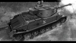 Rule 34 | 1girl, artist name, caterpillar tracks, commentary request, emblem, firing, frown, girls und panzer, grass, greyscale, harumiya hiro, highres, leopon (animal), letterboxed, military, military vehicle, monochrome, motor vehicle, nakajima (girls und panzer), ooarai (emblem), open mouth, outdoors, short hair, signature, solo, tank, tiger (p), twitter username, vehicle focus
