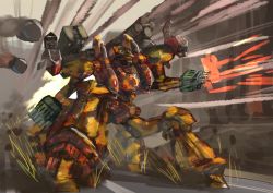 Rule 34 | arm cannon, armored core, firing, hukutuuprunes, mecha, mecha focus, mecha request, missile, missile pod, no humans, robot, science fiction, shoulder cannon, skating, smoke, solo, weapon