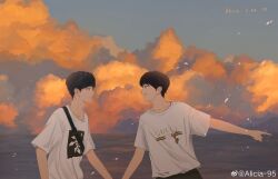 Rule 34 | 2boys, alicia-95, black hair, cloud, cloudy sky, gucci, highres, holding hands, looking at another, multiple boys, real life, sean xiao, shirt, sky, wang yibo, weibo, white shirt