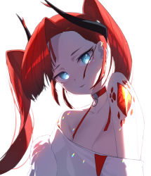 Rule 34 | 1girl, absurdres, arknights, asymmetrical wings, backlighting, bare shoulders, beudelb, blue eyes, blush, breasts, choker, cleavage, forehead, highres, large breasts, long hair, looking at viewer, material growth, off-shoulder shirt, off shoulder, oripathy lesion (arknights), parted lips, red choker, red hair, shirt, simple background, solo, toddifons (arknights), twintails, upper body, white background, white shirt, wings