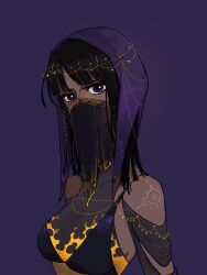 1girl black_hair blunt_bangs commentary covered_mouth guaguapiu halterneck highres hood looking_at_viewer medium_hair nico_robin one_piece purple_background purple_eyes purple_hood simple_background solo upper_body