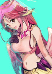 Rule 34 | 1girl, angel wings, black eyes, blush, breasts, commentary request, spiked halo, crop top, daikon (tomohiro158), feathered wings, gloves, gradient eyes, gradient hair, green eyes, halo, hand on own chest, highres, jibril (no game no life), large breasts, long hair, looking at viewer, low wings, magic circle, midriff, multicolored eyes, multicolored hair, navel, no game no life, parted lips, pink hair, sideboob, smile, solo, stomach, very long hair, white wings, wing ears, wings, yellow eyes