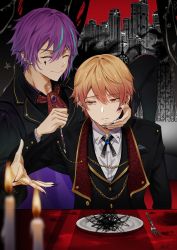 Rule 34 | 2boys, aqua hair, bishounen, blurry, buttons, candle, closed eyes, collared shirt, depth of field, earrings, facial mark, hand on another&#039;s face, highres, holding, holding knife, jewelry, kamishiro rui, knife, makura wet, male focus, multicolored hair, multiple boys, nail polish, orange hair, project sekai, purple hair, purple nails, shinonome akito, shirt, short hair, smile, swept bangs
