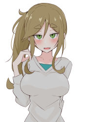 Rule 34 | ame (amechan17391739), arm behind back, blush, breasts, brown hair, curly hair, fang, green eyes, hand up, highres, inuyama aoi, large breasts, long hair, looking at viewer, open mouth, seductive smile, short eyebrows, side ponytail, sidelocks, simple background, skin fang, smile, sweater, swept bangs, thick eyebrows, upper body, v-neck, white background, white sweater, yurucamp