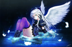 Rule 34 | 1girl, angel wings, aqua eyes, black footwear, black skirt, boots, bow, bracer, character request, feathers, hair bow, highres, kuroneko no wiz, long hair, looking at viewer, mahou tsukai to kuroneko no wiz, partially submerged, purple thighhighs, ripples, signature, sitting, skirt, solo, thighhighs, upskirt, water, white feathers, white hair, wings, yuitsuki1206