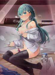Rule 34 | 10s, 1girl, aqua eyes, aqua hair, bed, black thighhighs, blush, breasts, commentary request, dress shirt, hair ornament, hairclip, indoors, kantai collection, large breasts, long hair, looking at viewer, male hand, medal, naked shirt, off shoulder, on bed, open clothes, open shirt, pillow, shin (new), shirt, solo focus, suzuya (kancolle), thigh strap, thighhighs