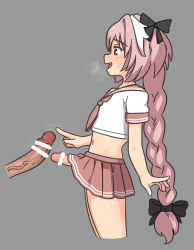 Rule 34 | 2boys, astolfo (fate), astolfo (sailor paladin) (fate), bar censor, basukechi, braid, braided ponytail, breath, censored, disembodied penis, fang, fate/grand order, fate (series), grey background, hair between eyes, hair ornament, hair ribbon, highres, index finger raised, large penis, long hair, looking at penis, multicolored hair, multiple boys, official alternate costume, open mouth, penis, penis size difference, pink eyes, pink hair, pink skirt, ribbon, school uniform, serafuku, shirt, short sleeves, simple background, skirt, streaked hair, sweatdrop, trap, white shirt