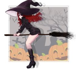Rule 34 | 1girl, ass, bare tree, black dress, black footwear, black hat, black jacket, black socks, boots, breasts, broom, broom riding, closed mouth, copyright request, dress, drop shadow, eyepatch, floating hair, from side, grey eyes, hat, highres, jack-o&#039;-lantern, jacket, lawnielle, long hair, long sleeves, looking at viewer, looking to the side, medium breasts, panties, red hair, red panties, socks, solo, tombstone, tree, underwear, witch hat