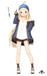 Rule 34 | 1girl, :d, absurdres, ahoge, bare shoulders, bike shorts, black shorts, black socks, blonde hair, blue eyes, blue jacket, blush, collarbone, commentary request, coreytaiyo, dated, drawing tablet, forehead, full body, hands up, highres, holding, holding stylus, jacket, long hair, looking at viewer, off shoulder, open clothes, open jacket, open mouth, original, shoes, short shorts, shorts, signature, simple background, smile, socks, solo, standing, stylus, tank top, translation request, very long hair, virtual youtuber, white background, white footwear, white tank top