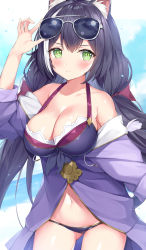 Rule 34 | 1girl, animal ear fluff, animal ears, arm up, beach, bikini, black bikini, black hair, blush, bow, breasts, cat ears, cat girl, cat tail, cleavage, closed mouth, cloud, collarbone, commentary request, day, eyewear on head, gedou (shigure seishin), green eyes, grey-framed eyewear, groin, hair between eyes, hair bow, highres, jacket, karyl (princess connect!), karyl (summer) (princess connect!), large breasts, long hair, looking at viewer, low twintails, multicolored hair, navel, ocean, off shoulder, open clothes, open jacket, outdoors, princess connect!, purple jacket, red bow, sky, solo, streaked hair, sunglasses, swimsuit, tail, twintails, very long hair, water, white hair