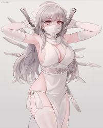 Rule 34 | 1girl, armpits, arms up, artist name, bare shoulders, belt, breasts, chowbie, cleavage, cowboy shot, dress, dual wielding, elbow gloves, gloves, grey hair, hair ornament, highleg, highres, holding, large breasts, long hair, looking at viewer, mask, mouth mask, multiple weapons, ninja, ninja mask, original, panties, pelvic curtain, revealing clothes, side-tie panties, side-tie peek, skindentation, sleeveless, sleeveless dress, solo, standing, thighhighs, thighs, underwear, weapon, weapon on back, white background, white dress, white gloves, white panties, white thighhighs