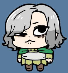 Rule 34 | 1boy, :&lt;, bags under eyes, bkub, black eyes, blue background, boots, chibi, chibi only, cloak, dungeon meshi, elf, full body, green cloak, grey hair, lazy eye, long sleeves, looking up, male focus, mithrun, notched ear, pointy ears, short hair, simple background, solo, tunic, uneven eyes, wavy hair