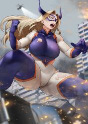 Rule 34 | 1girl, absurdres, aircraft, blonde hair, blurry, blurry background, bodysuit, boku no hero academia, breasts, brown eyes, building, cameltoe, clenched hand, dirty, dirty clothes, dirty face, eye mask, fake horns, feet out of frame, giant, giantess, helicopter, highres, horns, large breasts, long hair, mount lady, open mouth, outdoors, skin tight, solo, teeth, thick thighs, thighs, torn bodysuit, torn clothes, yoshio (55level)
