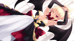Rule 34 | 1girl, armpits, arms up, bare shoulders, bat wings, black dress, black wings, blonde hair, breasts, cait aron, cleavage, closed mouth, commentary request, disgaea, dress, highres, jewelry, large breasts, looking at viewer, makai senki disgaea 2, one eye closed, ponytail, red neckwear, ring, rozalin, seductive smile, short hair, sidelocks, smile, solo, wings