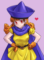 Rule 34 | 1girl, alena (dq4), blue cape, blue hat, blush, breasts, brown gloves, cape, commentary request, curly hair, dragon quest, dragon quest iv, dress, earrings, gloves, hands on own hips, hat, heart, jewelry, long hair, looking at viewer, medium breasts, orange hair, pekuchin (pekuchin 3), purple background, red eyes, short sleeves, smile, solo, yellow dress