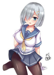 Rule 34 | 10s, 1girl, artist name, bad id, bad pixiv id, blue eyes, bob cut, breasts, brown pantyhose, collarbone, cowboy shot, gloves, hair ornament, hair over one eye, hairclip, hamakaze (kancolle), impossible clothes, jotarozaku, kantai collection, large breasts, looking at viewer, pantyhose, pleated skirt, school uniform, serafuku, short hair, short sleeves, signature, silver hair, simple background, skirt, solo, tsurime, white background, white gloves