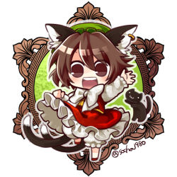 Rule 34 | 1girl, :3, :d, animal ears, brown eyes, brown hair, cat, cat ears, cat tail, chen, chibi, hat, looking at viewer, mob cap, multiple tails, open mouth, short hair, smile, socha, solo, tail, touhou, twitter username, waving