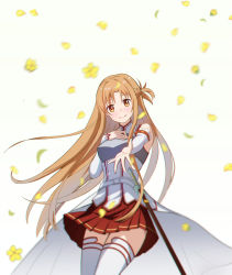 Rule 34 | 1girl, absurdres, asuna (sao), bare shoulders, breasts, closed mouth, commentary request, cowboy shot, detached sleeves, flower, hand on own chest, highres, long hair, long sleeves, looking at viewer, medium breasts, orange eyes, orange hair, pleated skirt, reaching, red skirt, simple background, sing (pixiv65232711), skirt, smile, solo, sword art online, thighhighs, white background, white thighhighs, wind, zettai ryouiki