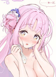 Rule 34 | 1girl, :o, blue archive, blush, breasts, cleavage, completely nude, condom, cum, hair bun, head tilt, highres, holding, holding condom, large breasts, looking at viewer, mika (blue archive), nude, pink hair, ryh4, simple background, single side bun, solo, speech bubble, sweatdrop, upper body, used condom, white background
