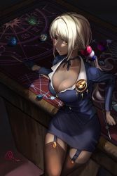 Rule 34 | 1girl, alternate costume, billiards, blonde hair, blue choker, blue jacket, blue skirt, breasts, brown thighhighs, choker, cleavage, collarbone, cue stick, dark-skinned female, dark skin, dice, hair behind ear, hair ornament, highres, hololive, hololive english, jacket, large breasts, limiter (tsukumo sana), long hair, looking at viewer, low ponytail, pencil skirt, planet hair ornament, plus no p, skirt, solo, thighhighs, tsukumo sana, very long hair, virtual youtuber