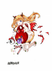 Rule 34 | 1girl, alternate costume, antlers, bad id, bad pixiv id, bell, blonde hair, blue eyes, blunt bangs, blush, boots, bow, box, brown thighhighs, candy, candy cane, cannon, capelet, carrying bag, copyright name, dress, fang, food, frilled boots, frilled dress, frills, full body, fur trim, gift, gift box, gloves, green bow, green ribbon, highres, horns, jumping, legs up, looking at viewer, mittens, official art, one eye closed, open mouth, pantyhose, polka dot, polka dot dress, red gloves, reindeer antlers, ribbon, sack, solo, tears, text focus, thatcher (warship girls r), thigh boots, thighhighs, torn clothes, torn sack, torpedo, turret, twintails, warship girls r, white background, white dress, white footwear, zhenming