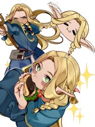 Rule 34 | 1girl, absurdres, blonde hair, braid, burger, dungeon meshi, eating, elf, food, green eyes, highres, holding, holding burger, holding food, long hair, looking at viewer, mage staff, marcille donato, pointy ears, robe, sunnypoppy