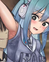 Rule 34 | 1boy, 1girl, armpits, black hair, blue hair, blurry, blurry background, blush, breast pocket, breasts, brown background, collared shirt, commander (nikke), embarrassed, eyelashes, goddess of victory: nikke, hair between eyes, headphones, long bangs, long hair, looking down, naughty face, nose, open mouth, pocket, saliva, shifty (nikke), shirt, sleeveless, small breasts, smell, sphere-stc, sweat, sweaty clothes, uniform, upper body, very sweaty