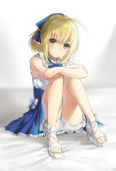 Rule 34 | 1girl, absurdres, ahoge, artoria pendragon (fate), blonde hair, blue ribbon, bow, dress, fate/stay night, fate (series), green eyes, hair ornament, hieung, highres, hugging own legs, lingerie, looking at viewer, neck ribbon, ribbon, saber (fate), short hair, shorts, signature, sitting, sleeveless, sleeveless dress, solo, underwear, white bow, white shorts