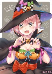 Rule 34 | 1girl, :d, black bow, black cape, black hat, black nails, black skirt, bow, breasts, brown eyes, cape, claw pose, cleavage, commentary request, fate/grand order, fate (series), fingernails, green bow, grey background, hair between eyes, hair bow, hakuda tofu, halloween, hands up, hat, hat bow, hat ribbon, head tilt, koha-ace, large breasts, looking at viewer, multicolored cape, multicolored clothes, multicolored nails, nail polish, okita souji (fate), okita souji (koha-ace), open mouth, orange nails, pink bow, pink hair, pink ribbon, print cape, purple bow, purple cape, purple nails, red bow, red nails, red ribbon, ribbon, signature, skirt, smile, solo, star (symbol), star print, striped, striped bow, two-tone background, white background, witch hat, wrist cuffs
