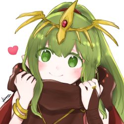 Rule 34 | 1girl, blush, bracelet, bridal gauntlets, closed mouth, diadem, fire emblem, fire emblem: mystery of the emblem, green eyes, green hair, heart, high ponytail, highres, jewelry, long hair, misato hao, nintendo, ponytail, signature, simple background, sketch, smile, solo, tiki (fire emblem), tiki (young) (fire emblem), very long hair, white background