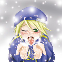 Rule 34 | arc system works, blazblue, bukkake, cum, cum in mouth, cum on tongue, cupping hands, facial, noel vermillion, one eye closed, own hands together, snow, tongue, tongue out, wink