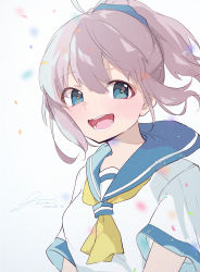 Rule 34 | 1girl, :d, aoba (kancolle), blue eyes, blue scrunchie, hair ornament, hair scrunchie, highres, hiroi09, kantai collection, looking at viewer, neckerchief, one-hour drawing challenge, open mouth, ponytail, purple hair, school uniform, scrunchie, serafuku, short sleeves, smile, solo, upper body, yellow neckerchief
