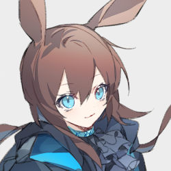 Rule 34 | 1girl, amiya (arknights), animal ears, arknights, black jacket, blue eyes, brown hair, chinese commentary, closed mouth, commentary request, grey background, hair between eyes, jacket, long hair, looking at viewer, rabbit ears, rabbit girl, simple background, sketch, smile, solo, yusa (yusa0751)