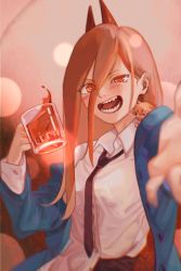 Rule 34 | 1girl, black legwear, black necktie, blue jacket, blush, breasts, buttons, chainsaw man, character doll, collared shirt, cross-shaped pupils, crosshair pupils, cup, demon horns, denji (chainsaw man), dress shirt, drink, foreshortening, hair between eyes, highres, holding, holding drink, horns, isansia, jacket, liquid, long hair, looking at viewer, medium breasts, mug, necktie, open mouth, orange eyes, pants, pink hair, power (chainsaw man), reaching, reaching towards viewer, red horns, sharp teeth, shirt, solo, symbol-shaped pupils, teeth, tongue, untucked shirt, upper body, white shirt