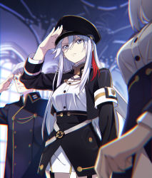 Rule 34 | 1boy, 2girls, 86 -eightysix-, black jacket, black skirt, closed mouth, commentary, cropped jacket, garter straps, grey eyes, hair between eyes, hand up, hat, high-waist skirt, high collar, highres, jacket, long hair, long sleeves, looking away, military, military hat, military uniform, multicolored hair, multiple girls, nyoro (nyoronyoro000), official style, out of frame, red hair, salute, shirt, silver hair, skirt, standing, streaked hair, uniform, vladilena millize, white shirt