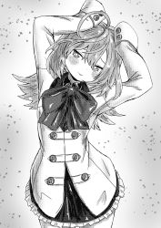 Rule 34 | 1girl, absurdres, ahoge, ao daidai ki, arms up, assault lily, blush, bow, bowtie, buttons, closed mouth, commentary, cowboy shot, frilled skirt, frills, gradient background, grey background, greyscale, hair between eyes, halftone, head tilt, herensuge girls academy school uniform, highres, jacket, long hair, looking at viewer, miniskirt, monochrome, oversized clothes, partially unbuttoned, rabbit pose, sasaki ran, school uniform, skirt, sleeves past fingers, sleeves past wrists, smile, solo, standing, white background