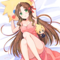 Rule 34 | 1girl, aerith gainsborough, alternate hairstyle, aqua eyes, bare arms, bare legs, bed sheet, blonde hair, blue eyes, blue pants, blue shirt, blush, bow, breasts, chibi, cleavage, cloud strife, dated, dress, feet out of frame, final fantasy, final fantasy vii, green eyes, hair bow, hair down, knees together feet apart, krudears, legs up, long dress, long hair, lying, medium breasts, on back, pants, parted bangs, pillow, pink dress, red bow, shirt, short hair, sidelocks, sleeveless, sleeveless dress, smile, solo focus, spiked hair, square enix, stuffed toy