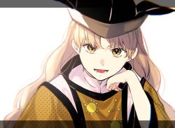 Rule 34 | 1girl, black hair, blonde hair, detached sleeves, eyelashes, hand on own face, hat, jill 07km, long hair, looking at viewer, lower teeth only, matara okina, open mouth, orange sleeves, shirt, simple background, solo, teeth, tongue, touhou, upper body, very long hair, white background, white shirt, yellow eyes