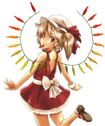 Rule 34 | 1girl, ao usagi, bare shoulders, blonde hair, chili pepper, flandre scarlet, from behind, grin, hat, hat ribbon, leg up, looking at viewer, mouth hold, red eyes, red skirt, ribbon, sandals, side ponytail, skirt, smile, solo, touhou, wings