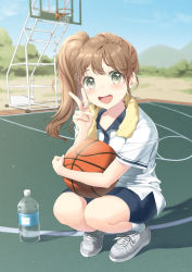 Rule 34 | 1girl, arm up, ball, basketball, basketball (object), basketball court, basketball hoop, blue shorts, blue sky, blurry, blush, bottle, brown hair, cloud, cross-laced footwear, day, depth of field, grey eyes, grey footwear, holding, holding ball, looking at viewer, mountain, open mouth, original, outdoors, shadow, shirt, shoes, short hair, short sleeves, shorts, side ponytail, sky, sneakers, socks, solo, squatting, teeth, towel, towel around neck, tree, untucked shirt, unya (unya-unya), upper teeth only, v, water bottle, white shirt, white socks