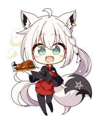 Rule 34 | 1girl, 7:08, absurdres, ahoge, animal ear fluff, animal ears, black pantyhose, black shirt, blush, braid, chibi, commentary request, earrings, extra ears, fang, food, fox ears, fox girl, fox tail, green eyes, hair between eyes, highres, holding, holding plate, hololive, jewelry, long hair, looking at viewer, neckerchief, open mouth, pantyhose, pentagram, plate, red neckerchief, red skirt, shirakami fubuki, shirt, sidelocks, simple background, single braid, skin fang, skirt, solo, tail, very long hair, virtual youtuber, waitress, white background, white hair