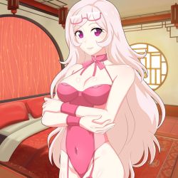 Rule 34 | 1girl, babydoll, bed, bedroom, breasts, challengia, collarbone, crossed arms, garter straps, glasses, glasses on head, indoors, leotard, lingerie, long hair, looking at viewer, nchans, nchans style, official art, orcaleon, pemchan, pillow, pink babydoll, pink eyes, pink leotard, small breasts, underwear, white hair