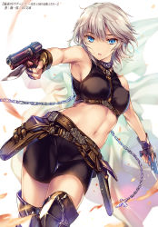 Rule 34 | 1girl, armpits, bare shoulders, belt, bike shorts, blue eyes, boots, breasts, chain, commentary request, dual wielding, dutch angle, fingerless gloves, gloves, grey hair, gun, hair between eyes, halterneck, handgun, highres, holding, holding gun, holding weapon, holster, looking at viewer, medium breasts, midriff, monety, navel, original, outstretched arms, parted lips, revolver, shirt, short hair, sleeveless, sleeveless shirt, solo, spread arms, thigh boots, thigh gap, thighhighs, weapon