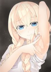 Rule 34 | 10s, 1girl, arm up, armpit focus, armpits, asobi asobase, blonde hair, blue eyes, blush, braid, closed mouth, commentary request, hair between eyes, hand up, looking at viewer, low twintails, nose blush, olivia (asobi asobase), presenting armpit, puffy short sleeves, puffy sleeves, sasakura, shirt, short sleeves, solo, spicy, spread armpit, steaming body, sweat, twin braids, twintails, white shirt